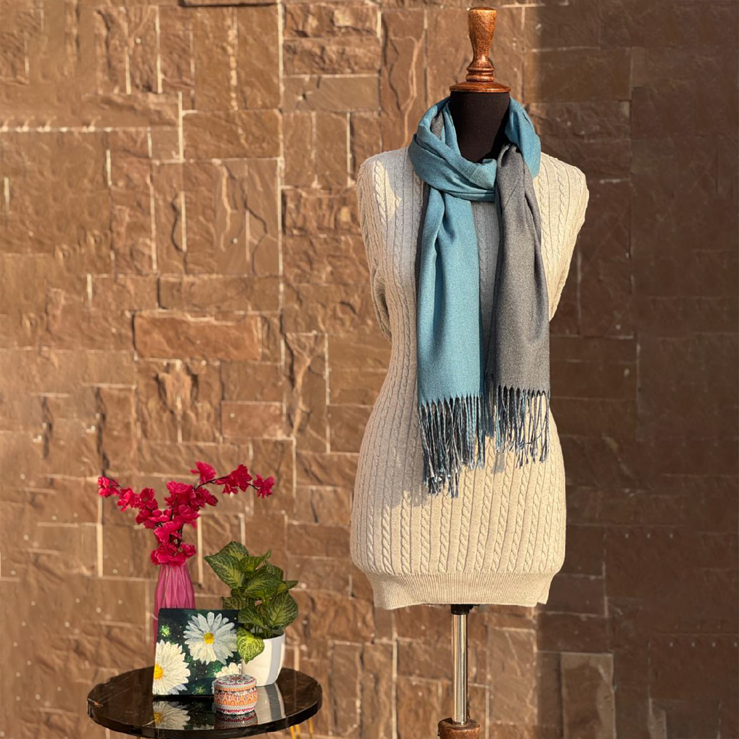 Double Sided Wool Scarf- grey blue